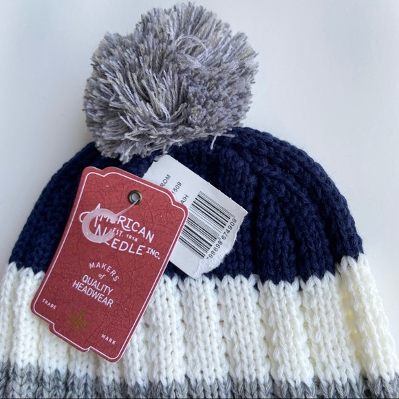 American Needle Navy Striped Knit Pompom Beanie OS - Picture 5 of 6
